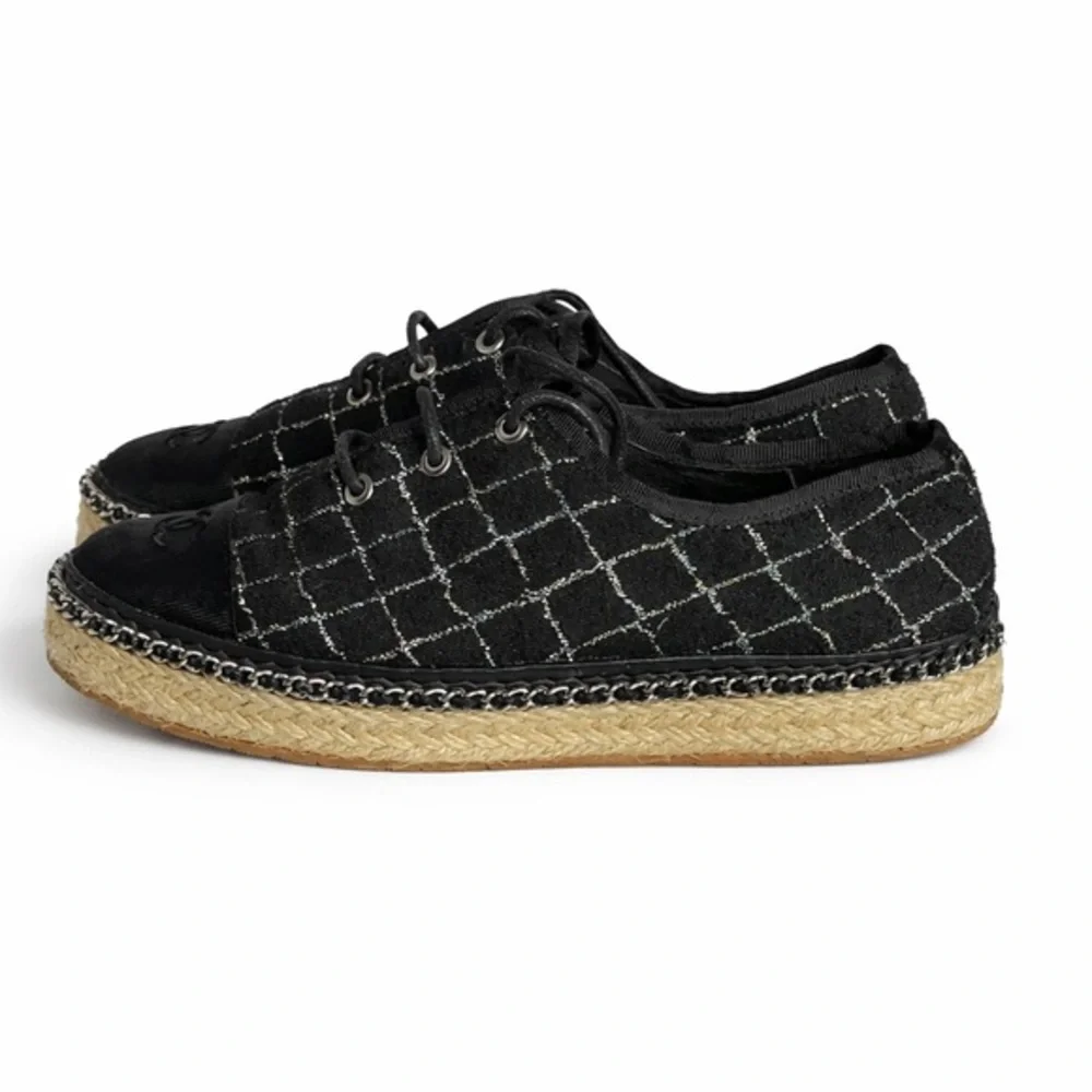 CHANEL Black Quilted Lace-Up Espadrille Sneakers Size 38 Designer Luxury - Picture 3 of 15